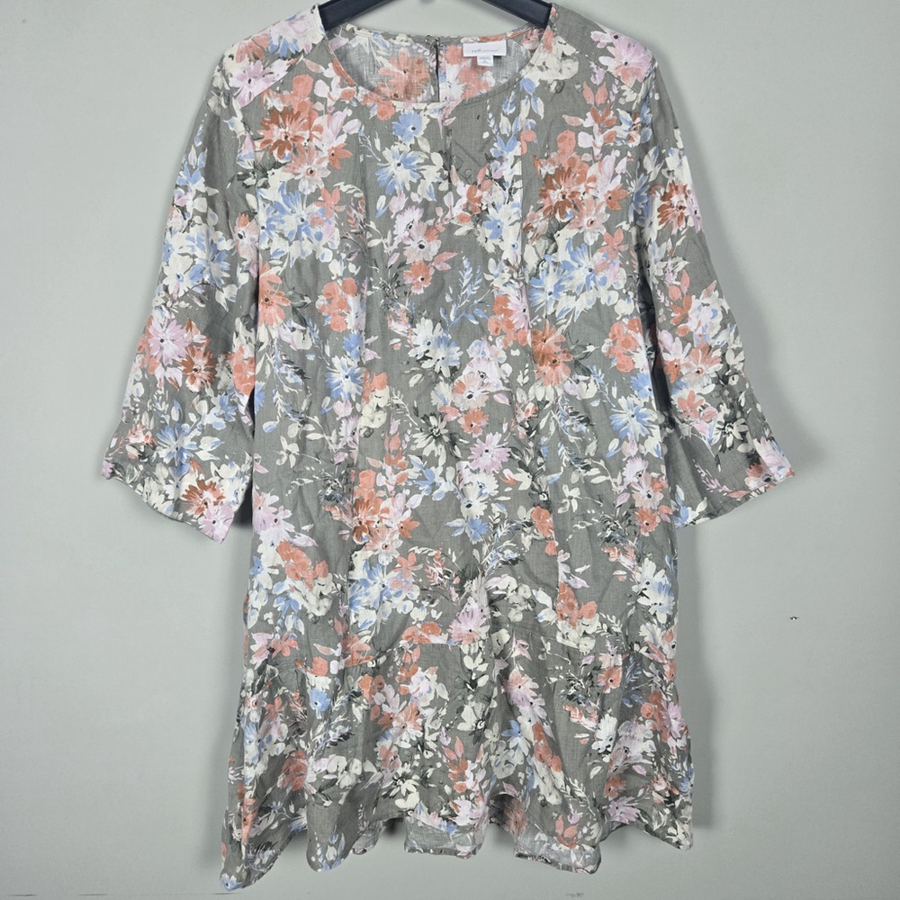 J Jill Love Linen Womens Floral Caraway Dress XL Petite Green Bloomcore Beachy